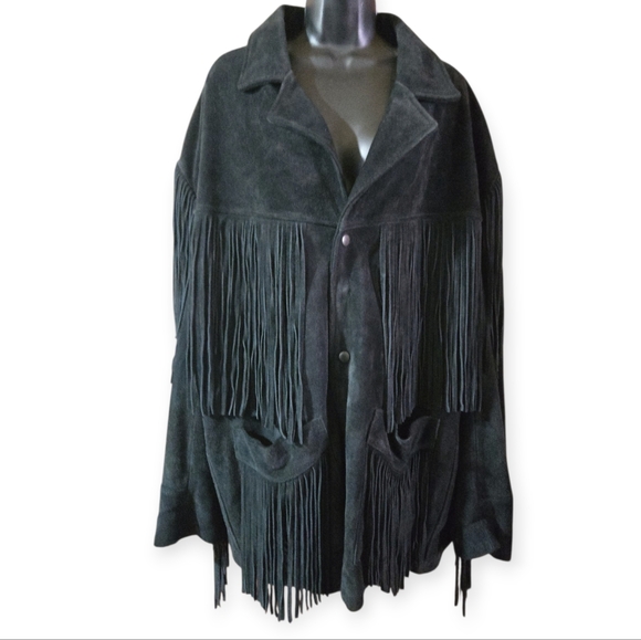 VINTAGE Georgetown Leather Men's Black Suede Fringe Western Jacket size XL - Picture 1 of 3